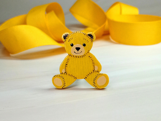 Yellow Teddy Bear Pin, Handmade Gift, Little Girl Gifts, Cute Brooch, Wooden Badge, Personalised Gift
