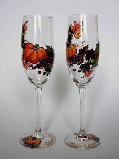 Orange Pumpkins Wedding Toasting Flutes Purple Grapes Autumn Leaves Free Shipping