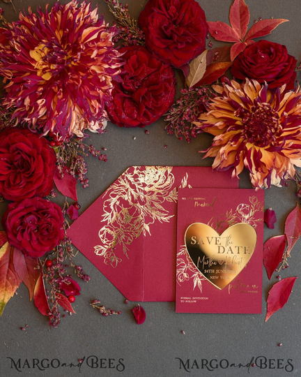 Personalised Burgundy Gold Acrylic Heart Save The Date Magnet Card Wedding The Dates Plexi Magnets Boho Save Our Date Golden