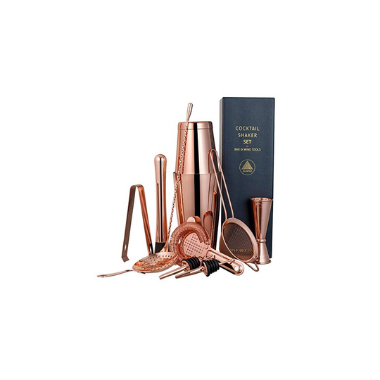 11-Piece Copper Cocktail Shaker Bar Set: Weighted Boston Cocktail Shakers, Strainers, Double Jigger, Muddler & Spoon, Ice Tong & 2 Liquor Pourers -