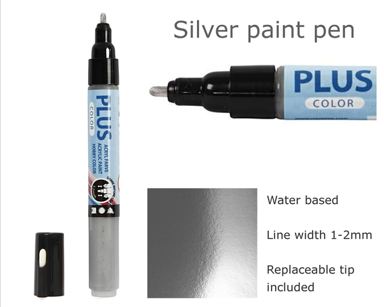 Silver Acrylic Paint Marker Pen, Water Based For Painted Surfaces, Cardboard, Stone, Wood, Line Width 1-2mm
