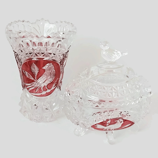 Vintage Czech Crystal Vase & Trinket Box Set