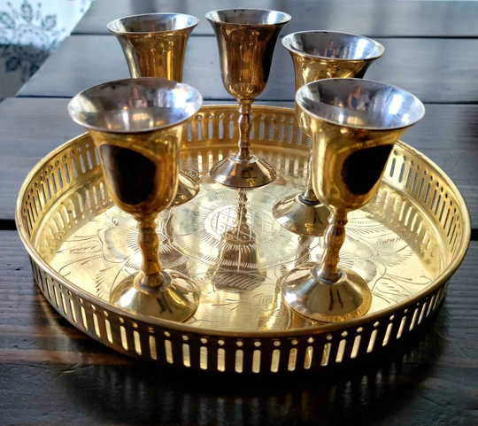 Beautiful Floral Etched Brass Tray & Set Of 5 Cordial Glasses/Miniature Wine Goblets, Made in India