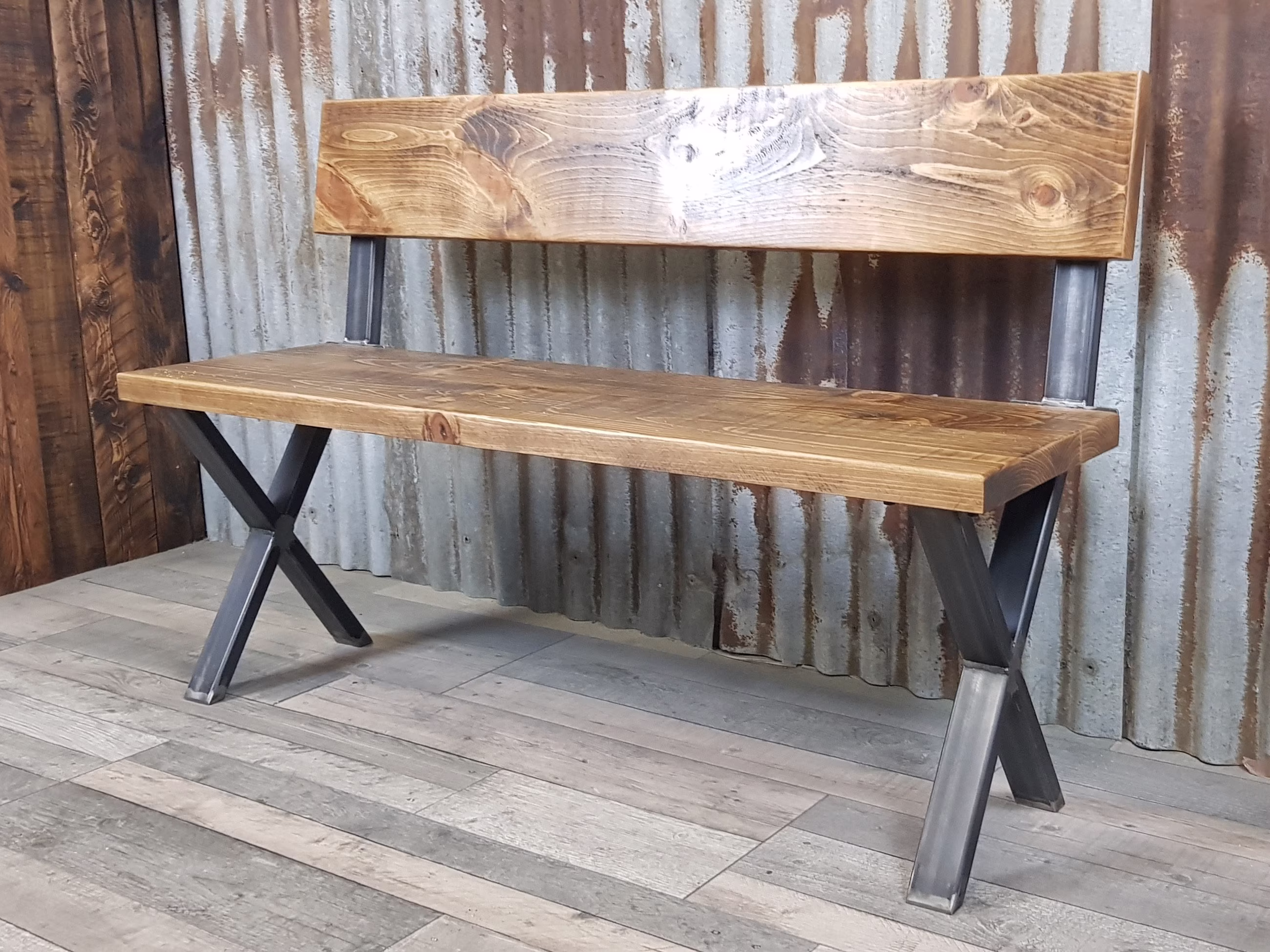 Bench With Back Modern-Industrial Style, Dining Table Bench, Solid Wood