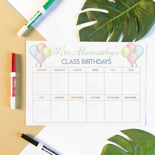 Balloons Classroom Birthday Magnet - A3 Magnetic Calendar, Dry Erase Weekly Organizing, Teacher Gift