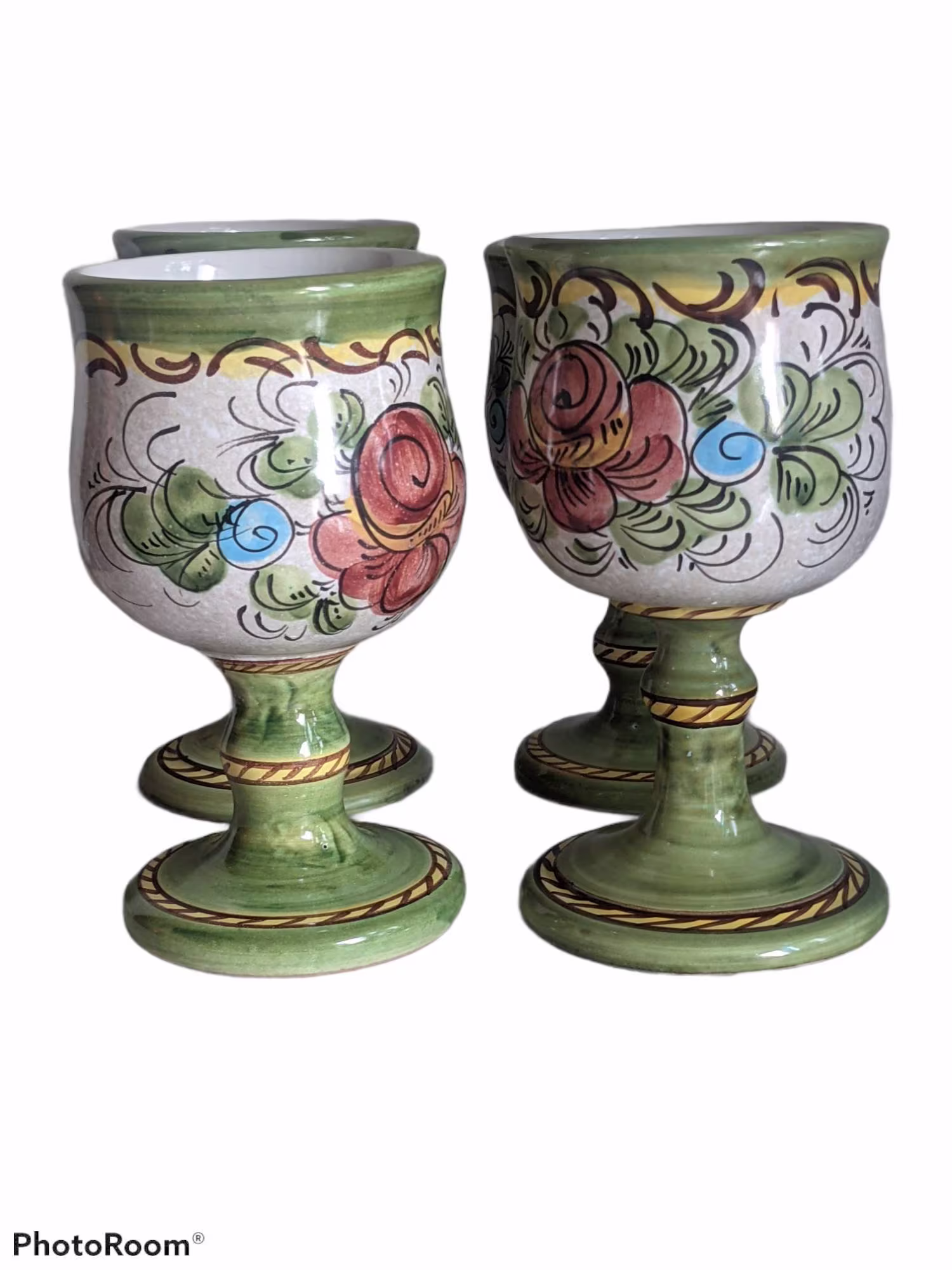 Deruta Italian, Pottery Wine Glasses, Water Goblets, Hand Painted Vtg, Gorgeous Florals, 9Oz Capacity, Extremely Rare, Set Of Four