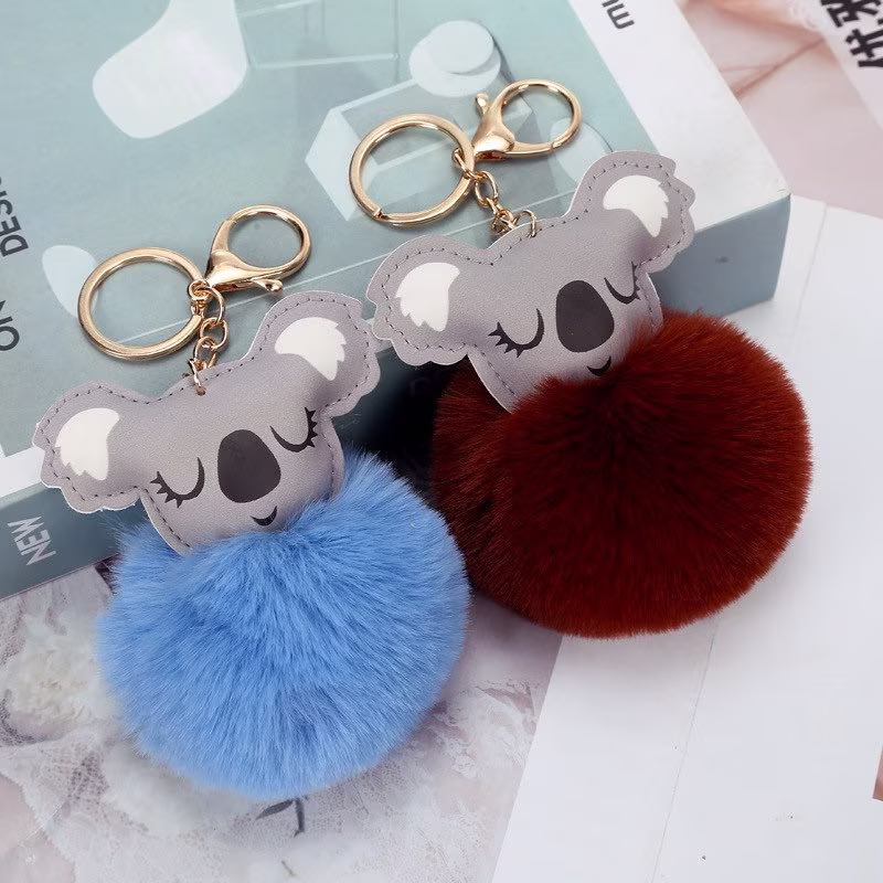 Cute Mouse Pompom Keychain-Fluff Koala Ball-Faux Rex Rabbit Fur-Pu Leather Keychain-Bag Decor Animal Keychain-Purse Backpack