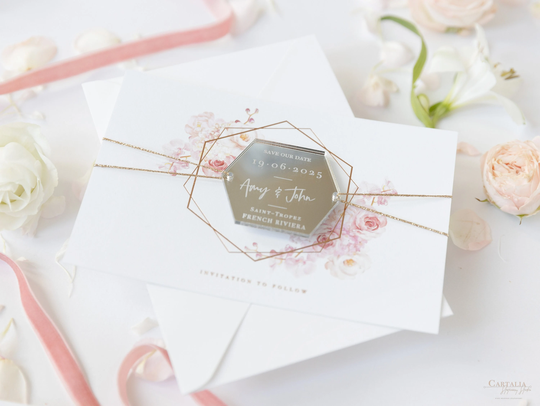 Rose Gold Magnet Save Our Date, Hexagon - Luxury Mirror Plexi Acrylic Real Foil, The Date Cards, Wedding Invite, Foil With Envelope
