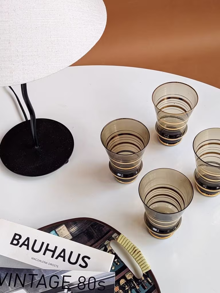 Mid Century Smoked Glass & Gold Water Glasses