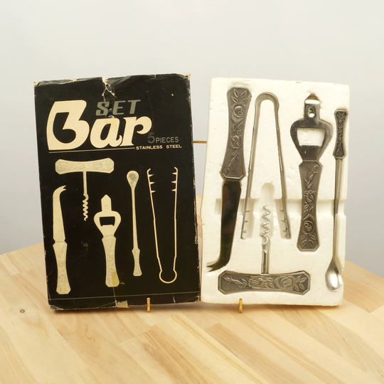 Boxed Bar Set 5 Pieces Stainless Steel Made in Japan || Vintage Rose Design Handles