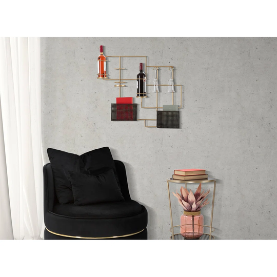 Tide 3 Bottle Wall Mounted Bottle & Glass Rack in Black/Gold