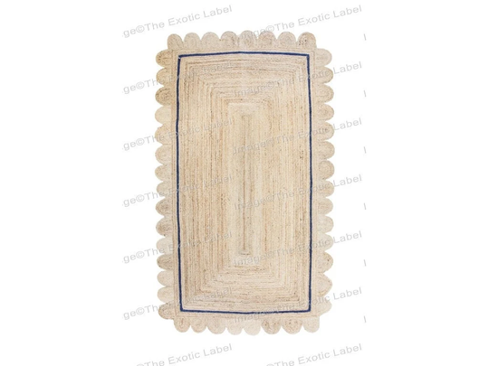 Navy Blue Jute Scalloped Rugs 4x6 Feet, Bohemian Living Room Area Rug, Natural Dining Rag Rugs, Braided Patio, Customize Any Size