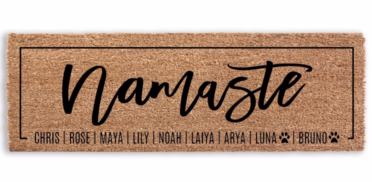 Namaste Personalized Doormat, Flocked Coir Door Mat, Welcome Engagement Wedding Gift, Realtor Client Outdoor Rug, Kids Names