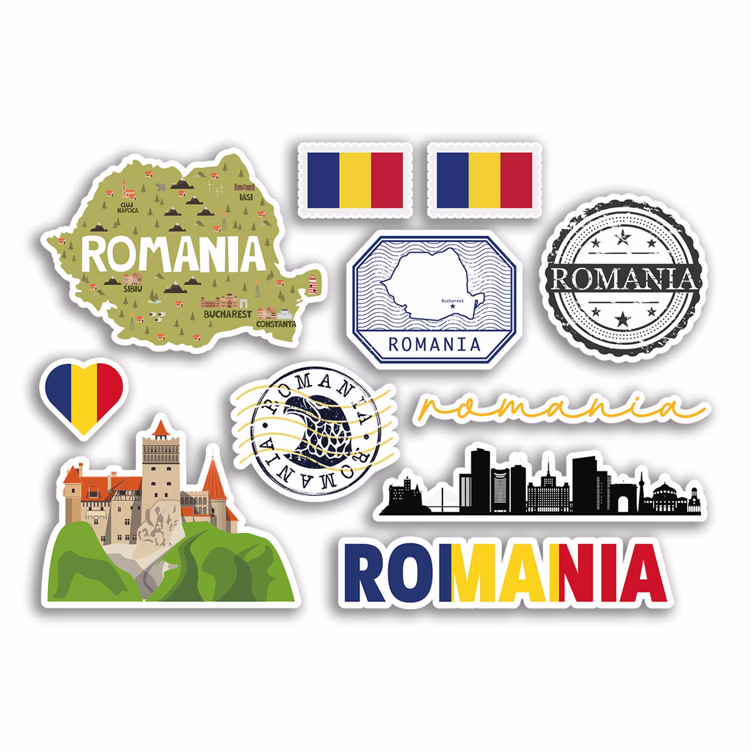 A5 Sticker Sheet Romania Landmarks Vinyl Stickers - Romanian Map Airport Stamps Skyline Flag Travel Holiday Culture City Aesthetic #78484