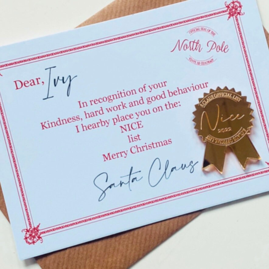 Nice List Medal, Personalised Certificate, Signed Santa Or Father Christmas + Envelope, North Pole Approved, Eve Box