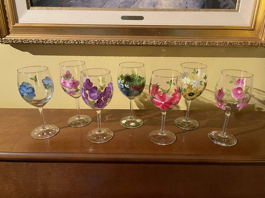 Hand Painted 15Oz Assorted Floral Wine Glasses, Multiple Designs Available, Glass Sets, Housewarming Gift
