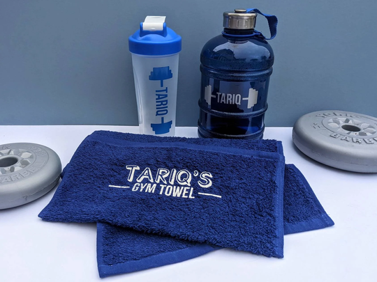 Personalised Blue Protein Shaker Set | New Year's Resolution Gym Lover Gift Towel Drinks Bottle Fitness Freak Healthy Shakes
