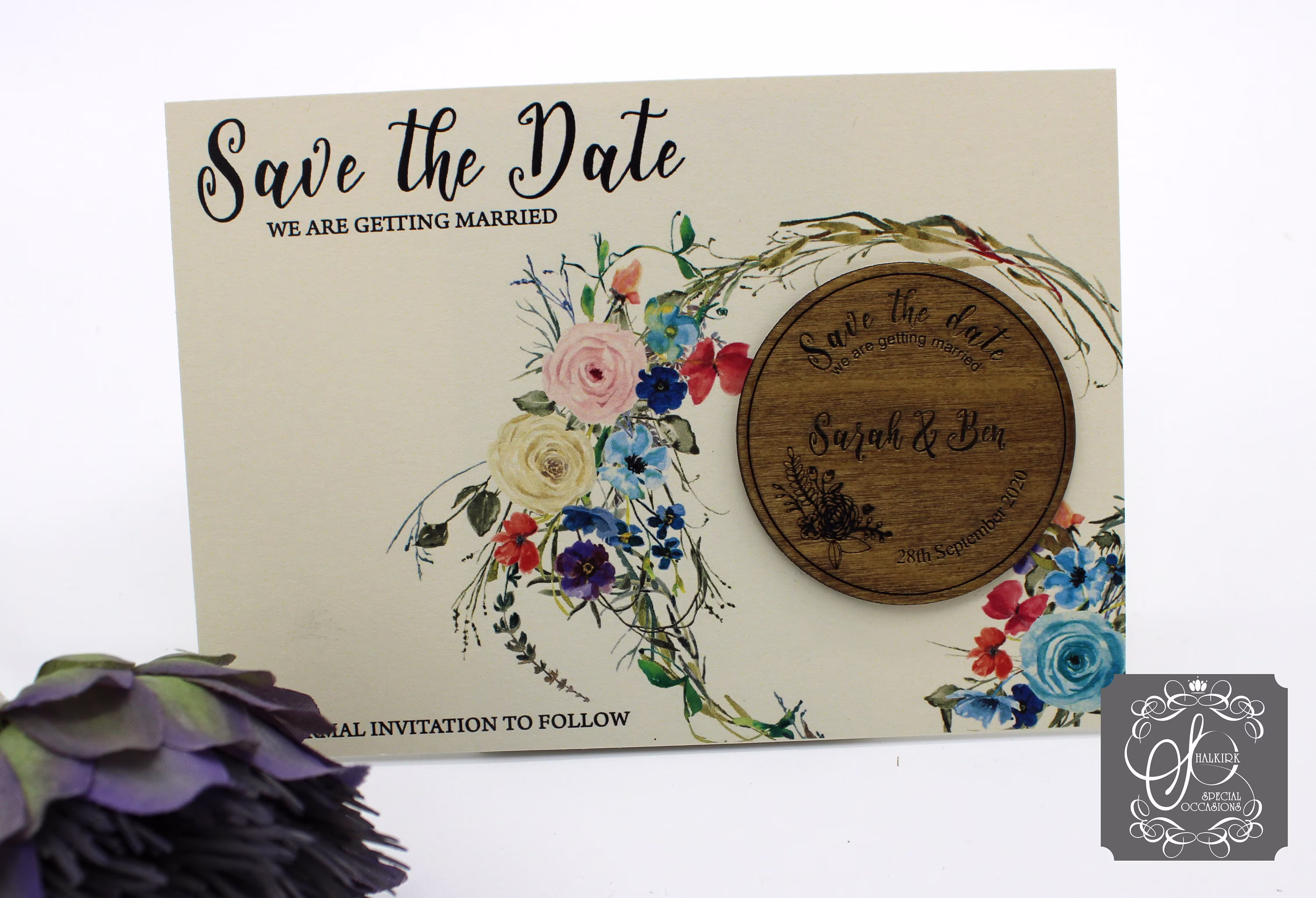 Wedding Save The Date Fridge Magnet Tones Of Blue Flower Wreath Ivory Card Background