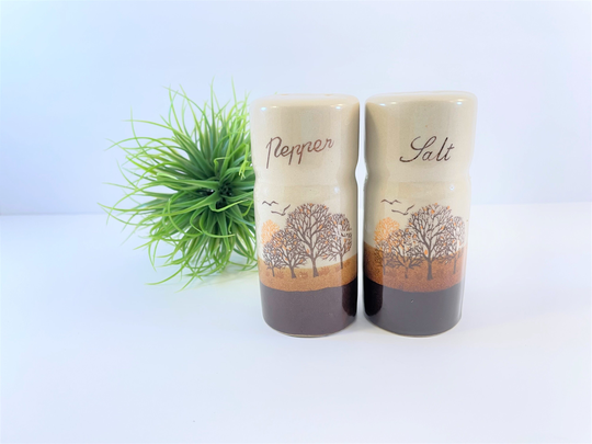 Vintage Mid Century Modern Ceramic Salt & Pepper Shaker Set Boho Dinnerware Décor Trees Birds Setting Sun