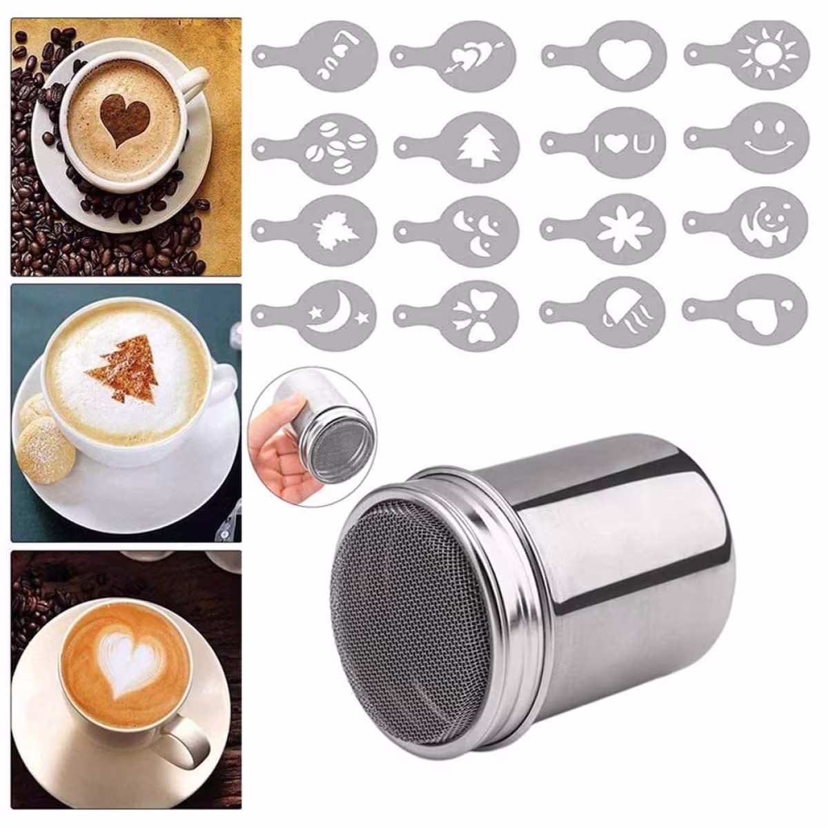Large 5cm Diameter Duster + 16Pcs Coffee Stencils Barista Decoration