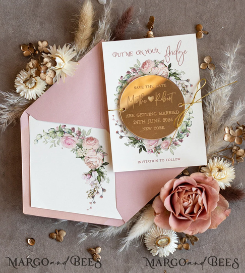 Personalised Gold Acrylic Save The Date Magnet Card Wedding The Dates Plexi Magnets, Date Blush Envelope