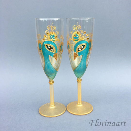 Peacock Wedding Glasses, Personalized Glasses, Hand Painted Wine Toasting Anniversary Glasses