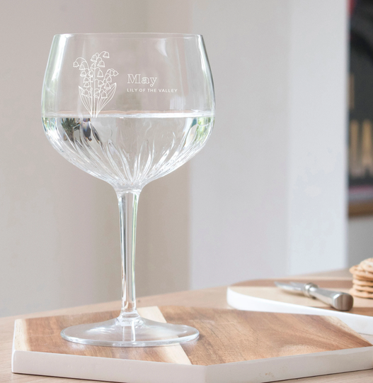 Birth Flower Crystal Cut Gin Glass, Copa Engraved Balloon Glass For Special Birthdays, 21st, 30Th, 40Th, 50Th, 60Th