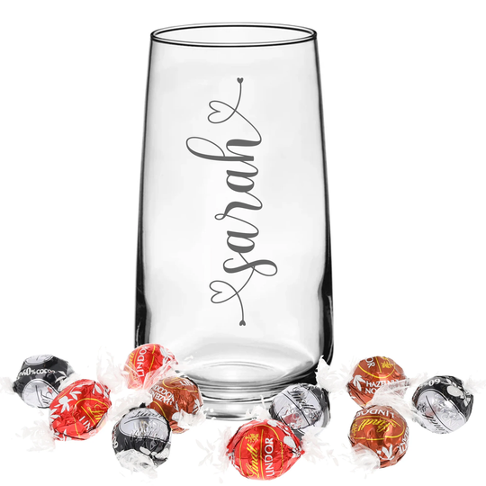 Personalised Engraved Large Highball Glass | Heart Design With Name Filled Sweets Chocolates Pamper Set