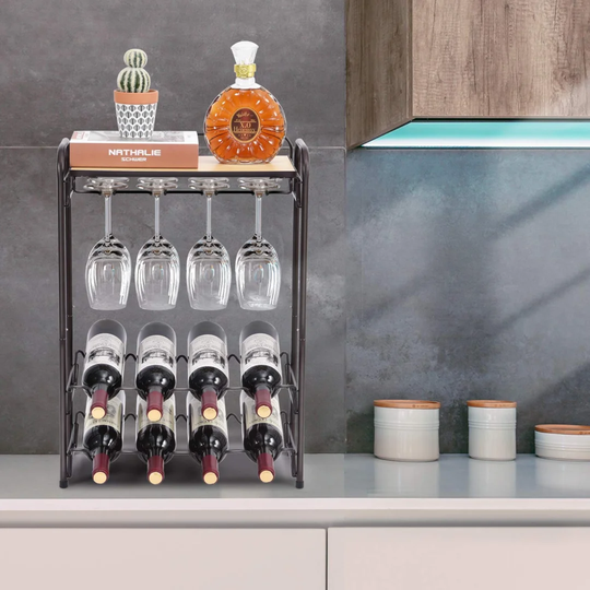 Blessed 8 Bottle Tabletop/Countertop Wine Bottle & Glass Rack in Brown