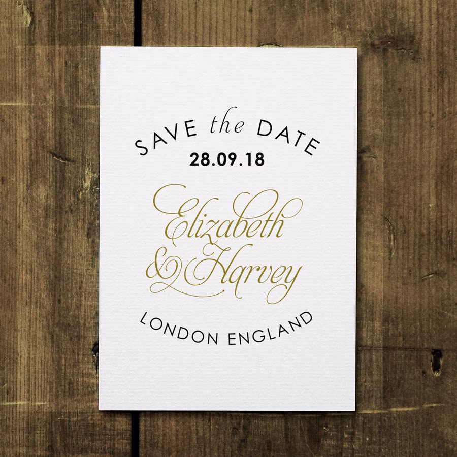 Baroque Save The Date Card On Recycled Brown Kraft Board Or Luxury White Textured Card. Also Availble As A Flexible Save Date Magnet
