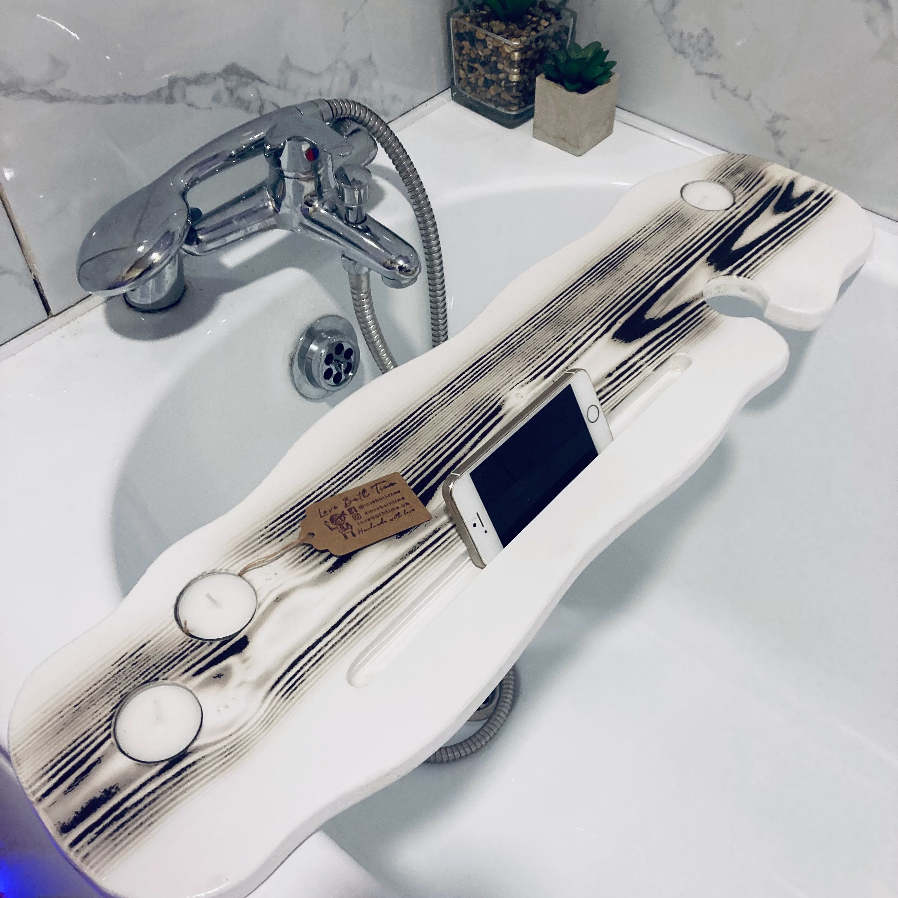 68cm Handmade Wooden Bath Board/Shelf | Tealight, Wine Glass & Tablet Slots