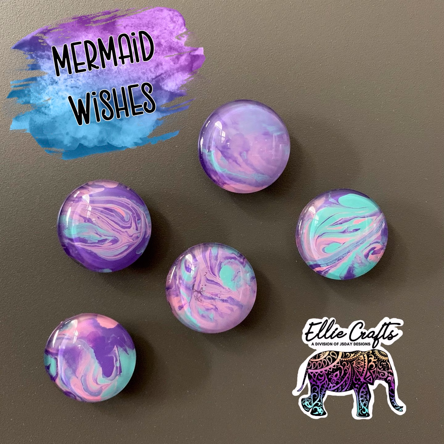 Colorful Marble Swirl Glass Dome Cabochon Magnet Set; Custom Colors; Purple, Teal, Pink, Yellow, Blue, Mermaid, Cotton Candy, Unicorn