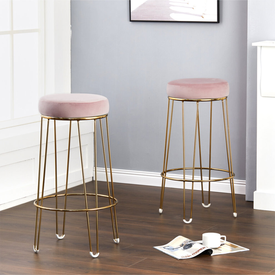 (Pink) 2Pcs Round Barstools Kitchen Breakfast Dining Bar Stools with Gilded Wire Leg