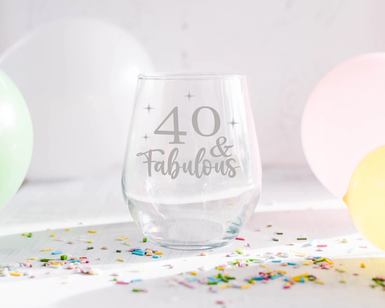 40 & Fabulous Personalized Engraved Stemless Wine Glass - Birthday Gift Birth Year Age