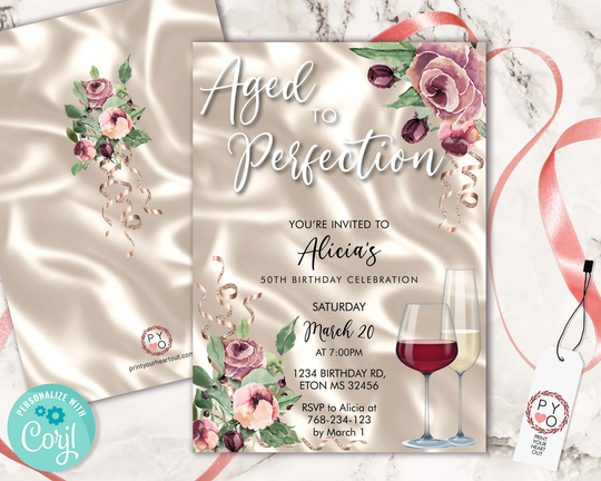 Wine Birthday Invitation Rosegold Ivory Template, Aged To Perfection Rose Editable Party Invite Women, Printable Champagne Glass