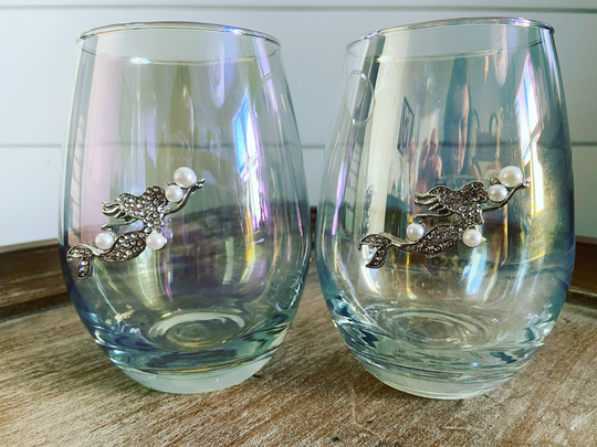 Set Of 2 Stemless Mermaid Wine Glasses, Beach Lover Themed Glass, Iridescent Silver Glass Tumbler, Unique Rhinestone