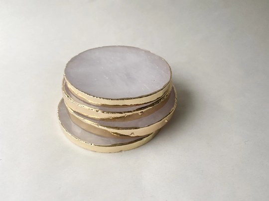 White Round Natural Pink Quartz Agate Coaster Slice With Gold Edging