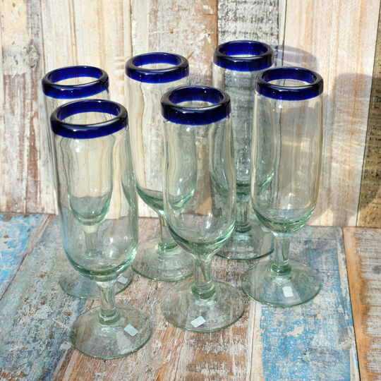Mexican Recycled Blue Rim Champagne Glass X 6