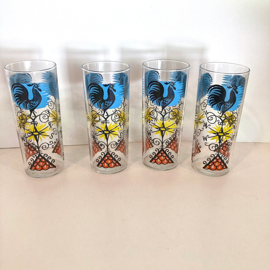 Four 1964 Ravenhead Rooster Cockerel Weather Vane Print Slim Jim Highball Glass Designed By Alexander Hardie Williamson