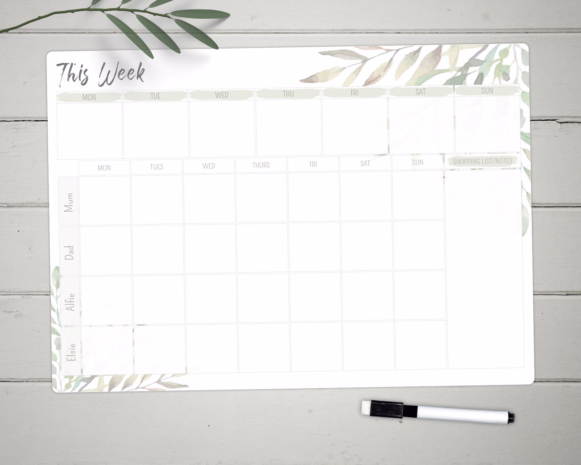 Personalised Weekly Planner Whiteboard, Large A3 Write & Wipe Clean Organiser, Meal, Family Shopping List, Notes, Dry