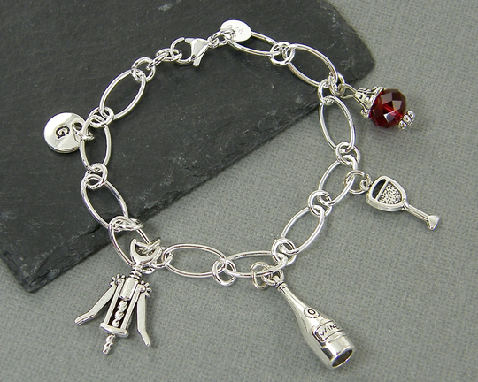 Wine Lover's Bracelet, Personalized Red Gift, Enthusiasts Bottle Corkscrew Drinker Sommelier Custom Charm Bracelet |1B1-3