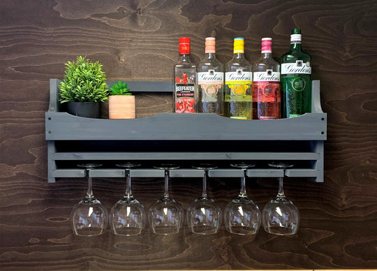 Large Grey Rustic Wooden Gin Rack To Hold 6 Balloon Glasses & 8-9 Bottles - Wall Mounted Display Home Bar She | 6Ggr | Em