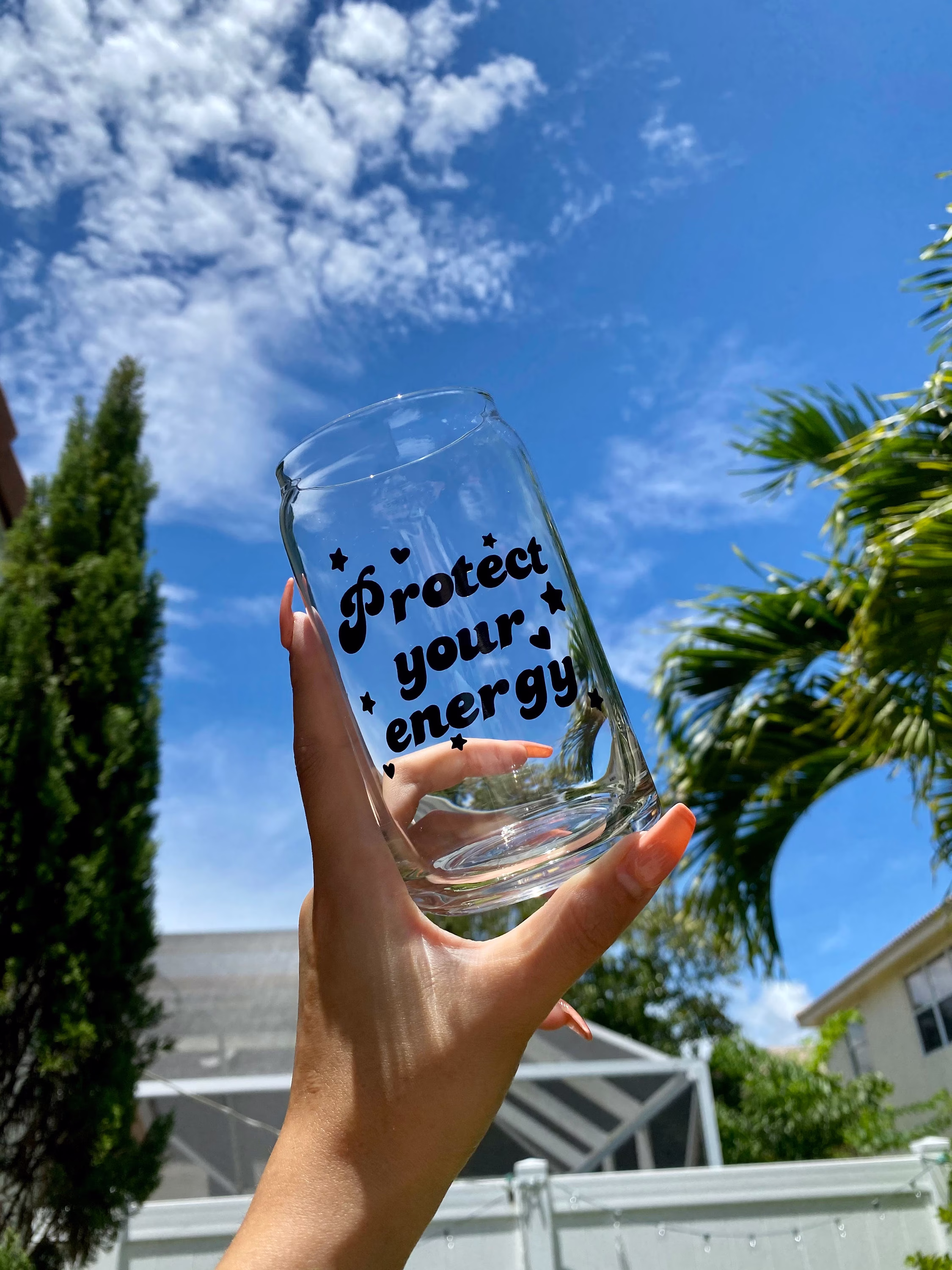 Protect Your Energy Beer Can Glass | Coffee, Soda, Aesthetic Glass Cup Spiritual Stars Hearts Libbey