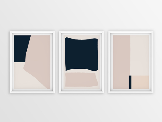 Blue & Gray Irregular Shapes | Different With Bar, Set Of 3 Framed Art, Minimalist Poster
