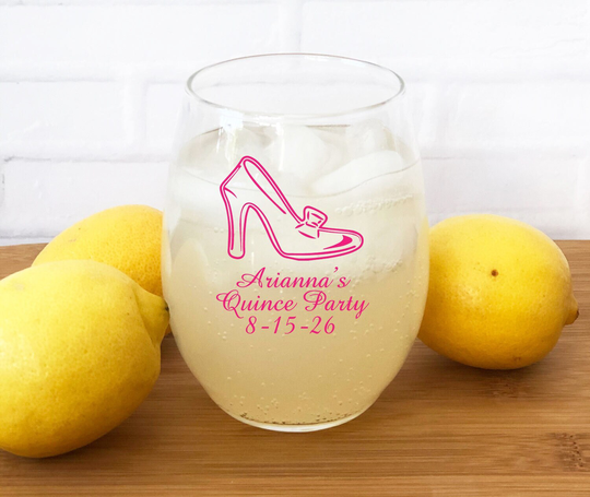 Printed 24 Pieces Of Mis Quince Años Stiletto Personalized Stemless Wine Glass Favors - 15 Party {Item# 729-7}