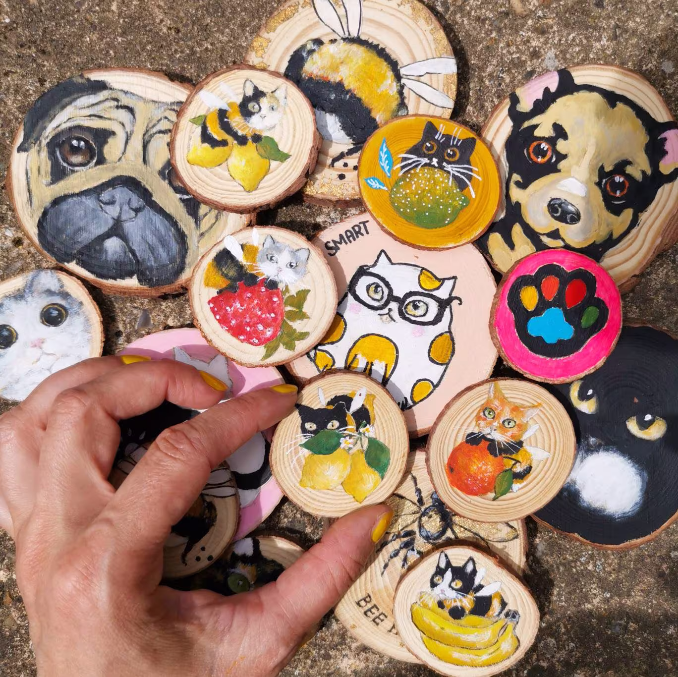 Cat Magnet, Cute Bumble Cat Handpainted Wooden Art, Gift, Fridge Magnet