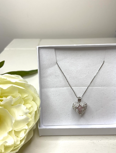 Rose Quartz Crystal Angel Wings Cage Pendant & Chain - Crystal/Pearl Cage - Sterling Silver
