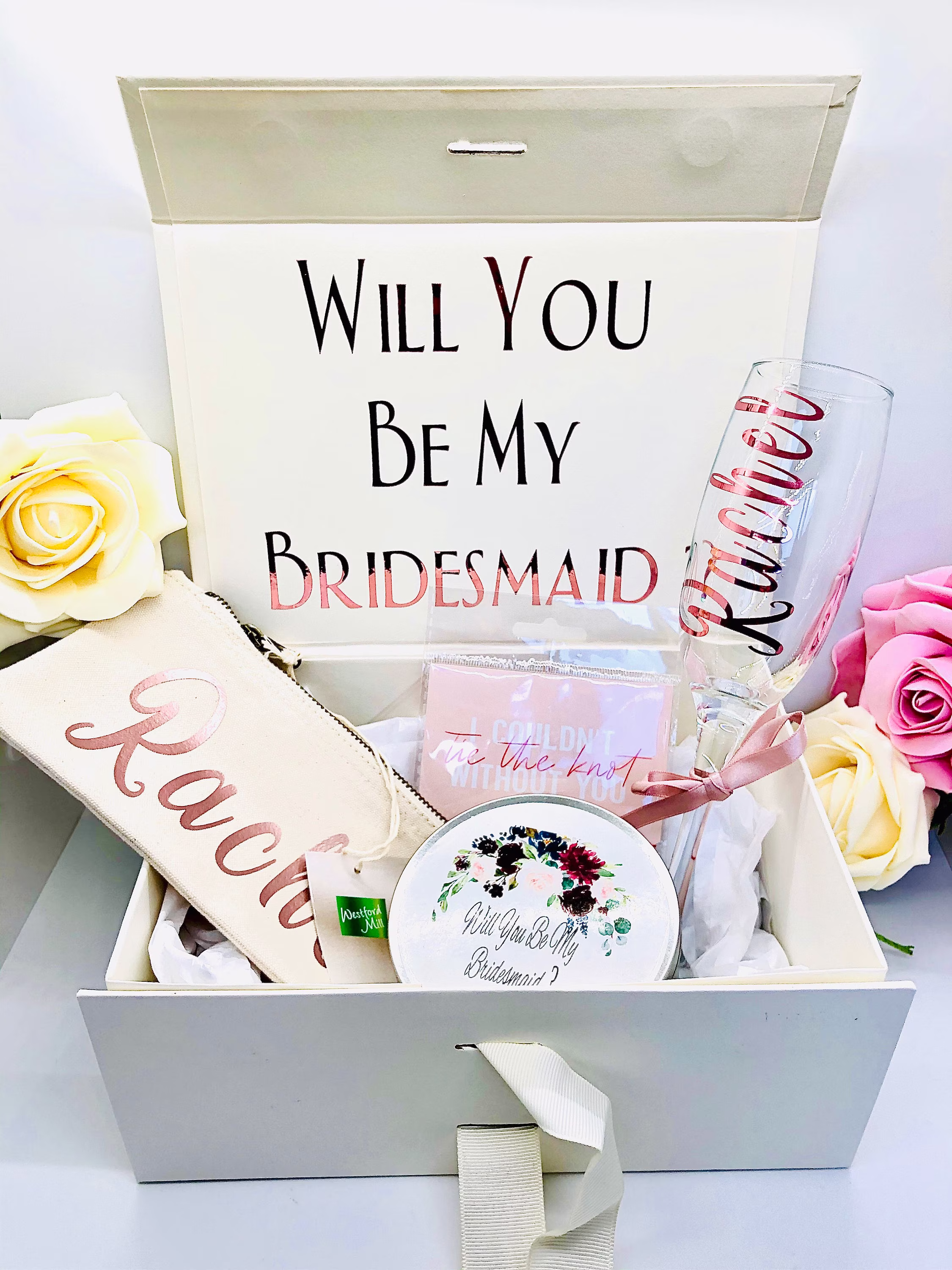 Personalised Rose Gold -Will You Be My Bridesmaid Gift Box Set , Luxury Braidsmaid Proposal Set, Wedding Box, Floral Hamper Box