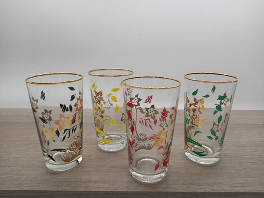 Set Of Four Drink Glasses. Gilt & Coloured Floral 10cm Tall. Wear To Gilt
