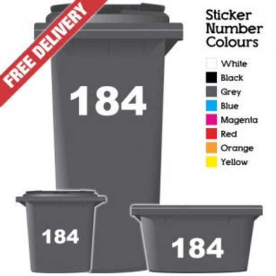 Wheelie Bin Decal Numbers/1 Set Of Up To 3 Per Pack Trash Skip Rubbish Home Decal Vinyl Sticker Weatherproof 6.5
